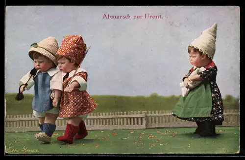 AK Abmarsch zur Front, Käthe Kruse-Puppe