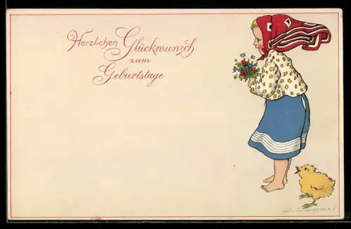 Künstler-AK Gertrud Caspari: Mädchen mit Blumenstrauss und Kopftuch neben einem Küken