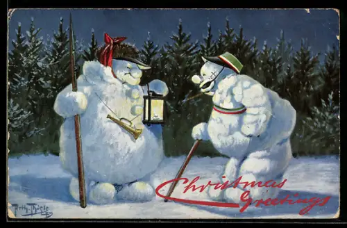 Künstler-AK Arthur Thiele: Schneemann mit Schmiss vor einem Nachtwächter-Schneemann