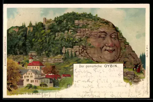 Lithographie Der gemütliche Oybin, Schwenke Ser. 5 Nr. 1, Berg mit Gesicht / Berggesichter