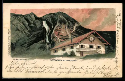 Künstler-AK Seiling Nr. 49: Rothwand-Haus, Berghütte am Schliersee im Abendlicht, Berg mit Gesicht, Berggesichter