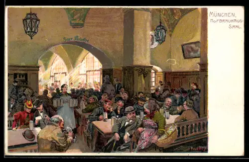Künstler-Lithographie Paul Hey: München, Gäste im Hofbräuhaussaal