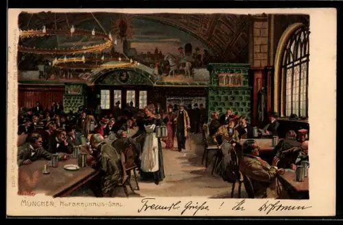 Künstler-Lithographie Paul Hey: München, Saal vom Gasthof Münchner Hofbräuhaus