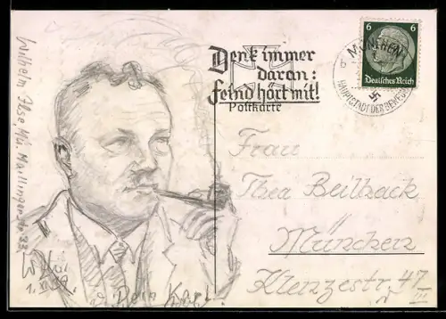 Künstler-AK Handgemalt: Portrait eines Mannes mit Pfeife, 