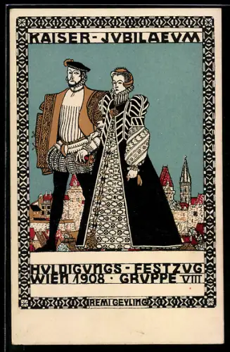 Künstler-AK Wiener Werkstätte Nr. 165, sign. Remigius Geyling: Wien, Kaiserjubiläum 1908, Huldigungsfestzug Gruppe VIII