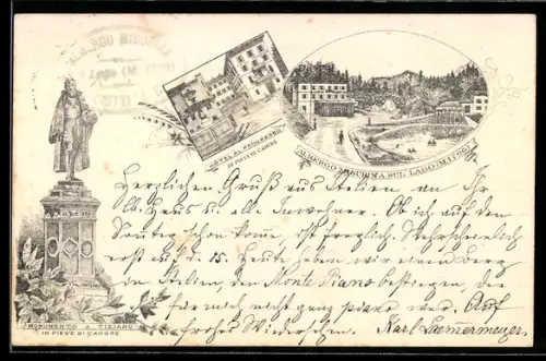 Vorläufer-Lithographie Misurina, 1894, Hôtel Al Progresso, Monumento a Tiziano in Pieve di Cadore
