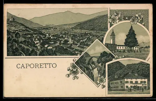 Lithographie Caporetto, Gasthaus Andrea Urce, Kirche