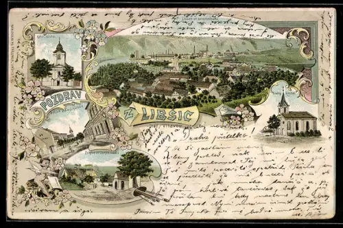 Lithographie Libsic, Katol. kostel, Evang. kostel, Pohled ze starych Libsic