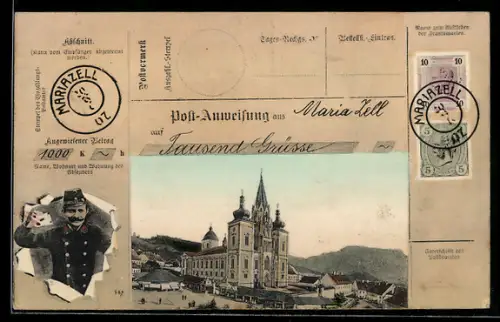 AK Mariazell, Briefträger mit Brief durchbricht das Papier, Kirchenansicht