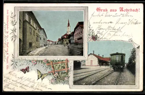 AK Rohrbach /O.-Oe., Bahnhof mit Gleispartie und Eisenbahn, Strassenpartie mit Blick zur Kirche
