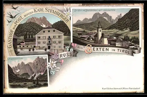 Lithographie Sexten, Gasthof zur Post, im Fischleinthal & Panorama