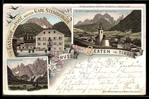 Lithographie Sexten in Tirol, Gasthof zur Post, Bes. Karl Stemberger, Fischleinthal, St. Veit mit Dolomiten