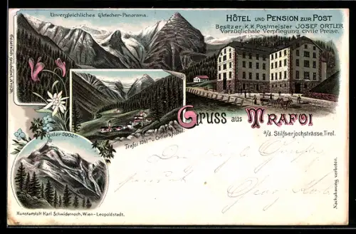 Lithographie Trafoi, Hotel & Pension zur Post, Bes. Josef Ortler, Gletscher-Panorama, Ortsansicht, Ortler