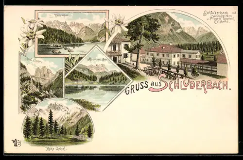 Lithographie Schluderbach, Hohe Geisel, Gasthof Cristallo v. Pfoner, Dürrensee, Drei Zinnen