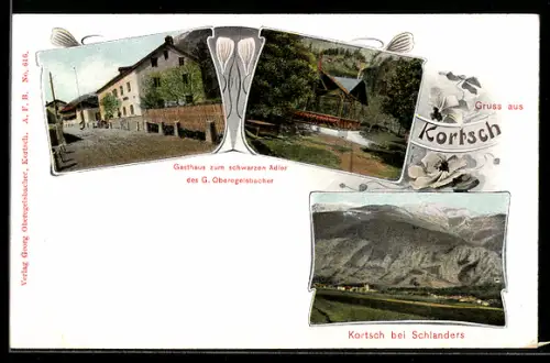 AK Kortsch bei Schlanders, Gasthaus zum schwarzen Adler, Pavillon, Teilansicht
