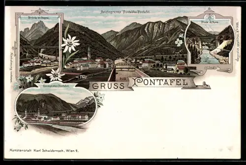Lithographie Pontafel, Ponte di Muro, Brücke bei Dogna, Reichsgrenze Pontebba-Pontafel