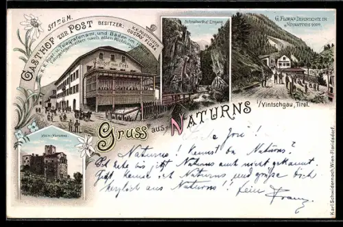 Lithographie Naturns i. Vintschgau, Gasthof zur Post, Bes. Gustav Flora, Schnalserthal, Hoch-Naturns