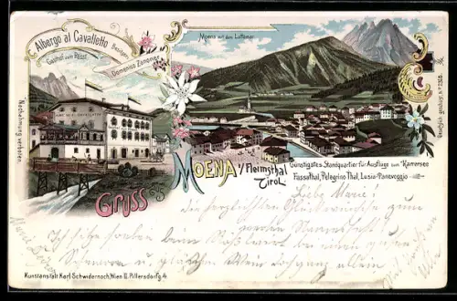 Lithographie Moena i. Fleimsthal, Albergo al Cavaletto, Bes. Domenico Zanoner, Ortsansicht mit Lattemar