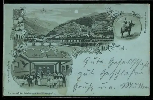 Mondschein-Lithographie Ala /Süd-Tirol, Bahnhof Restaurant, Ortsansicht mit Flusspartie