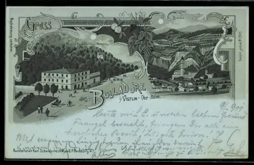 Mondschein-Lithographie Bolladore i. Veltlin, Hotel des Alpes, Bolladore