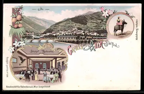 Lithographie Ala /Süd-Tirol, Bahnhof-Restaurant, Panoramablick auf den Ort