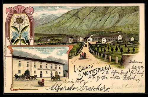 Lithographie Montespluga, Gasthof zur Post, Bes. G. Tognoni, Pizzo Tambo, Dogana