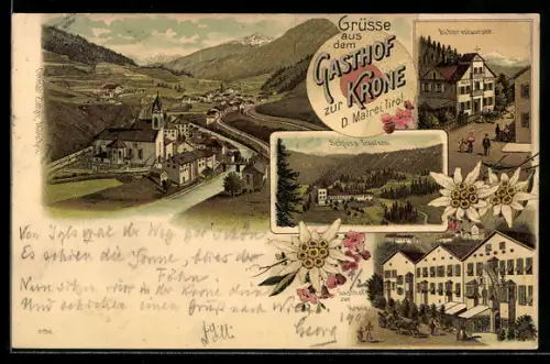 Lithographie Matrei, Gastof zur Krone, Bahnrestaurant, Schloss Trautson, Panorama