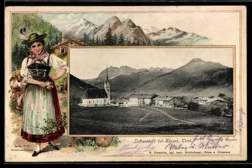 Passepartout-Lithographie Schwendt bei Kössen, Ortsansicht mit Kirche, Frau in Tracht