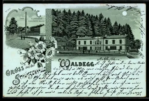 Mondschein-Lithographie Waldegg, Gasthaus Schützenhalle, Wurstfabrik Haberkorn`s Nachf.