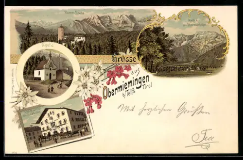 Lithographie Mieming /Tirol, Obermiemingen, Gasthof zur Post von Speckbacher, Kapelle, Klamm-Ruine