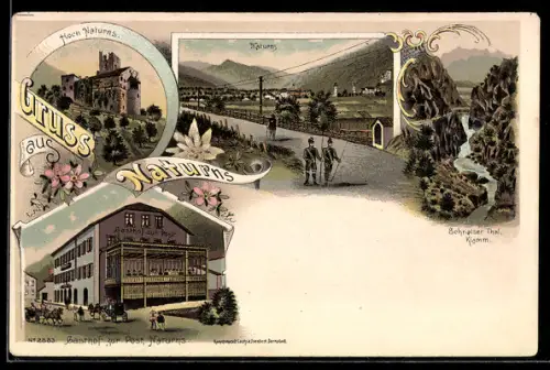Lithographie Naturns, Gasthof zur Post, Hoch Naturns, Schnelser Thal