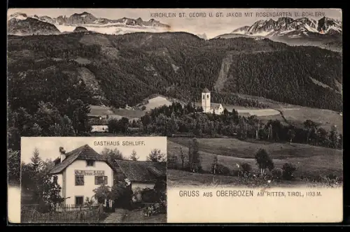 AK Oberbozen am Ritten, Kirche St. Georg u. St. Jakob mit Rosengarten und Schlern, Gasthaus Schluff