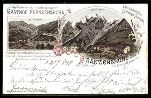 Lithographie Franzenshöhe a. d. Stilfserjochstrasse, Gasthof und Stilfserjoch, Ortler