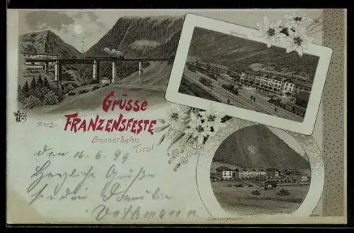Mondschein-Lithographie Franzensfeste, Brennerbahn, Bahnhof, Stationsgebäude, Brücke