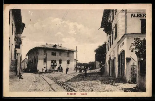 AK Sanzeno, Piazza con Albergo e rotaia del tram