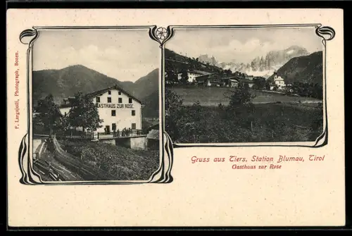 AK Tiers /Tirol, Gasthaus zur Rose, Ortsansicht, Jugendstil-Rahmen