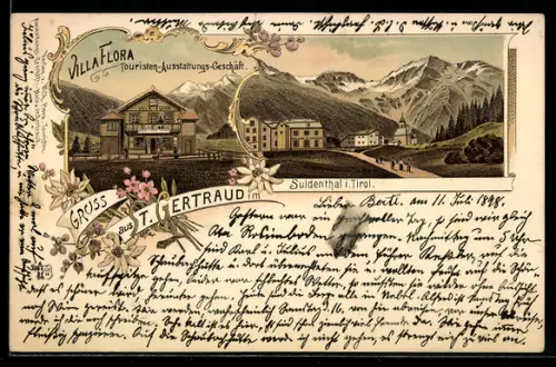 Lithographie St. Gertraud im Suldenthal, Villa Flora, Touristen-Ausstattungs-Geschäft
