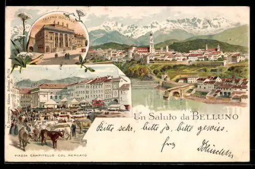 Lithographie Belluno, Teatro Sociale e Piazza Campitello col Mercato