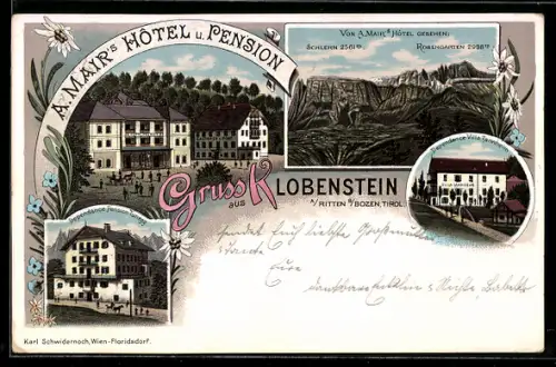 Lithographie Klobenstein a. Ritten, A. Mair`s Hôtel, Pension Tunegg, Villa Tannheim