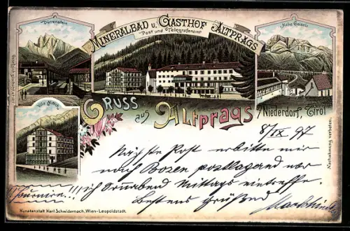 Lithographie Altprags b. Niederdorf, Gasthof Altprags, Hohe Geisel, Villa Mittich