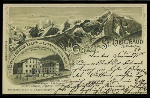 Lithographie St. Gertraud i. Suldenthal, Hotel Pension Eller, Bes. K. Eller