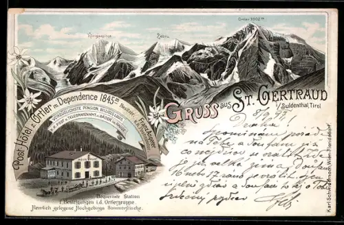 Lithographie St. Gertraud i. Suldenthal, Gasthof Rössl, Bes. Josef Wiedenhofer, Ortler