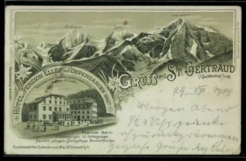 Lithographie St. Gertraud i. Suldenthal, Hotel-Pension Eller, Bes. K. Eller