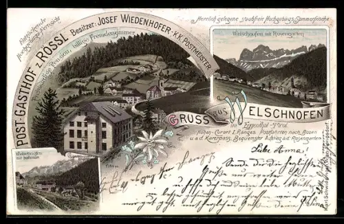 Lithographie Welschnofen, Gasthof zum Rössl, Bes. Josef Wiedenhofer