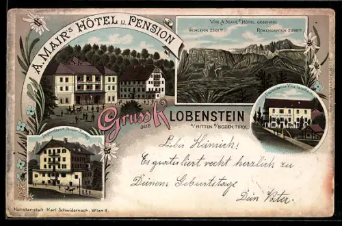 Lithographie Klobenstein a. Ritten, Hotel und Pension A. Mair, Villa Tannheim, Pension Tunegg