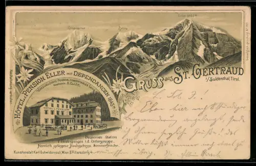 Lithographie St. Gertraud i. Suldenthal, Hotel Pension Eller mit Dependancen
