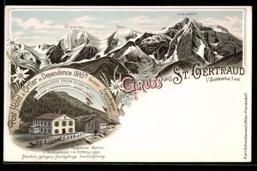 Lithographie St. Gertraud i. Suldenthal, Post-Hotel z. Ortler, Alpenpanorama