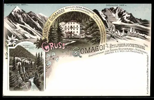 Lithographie Gomagoi a. d. Stilfserjochstrasse, Hotel zum Ortler, Bes. Franz Angerer