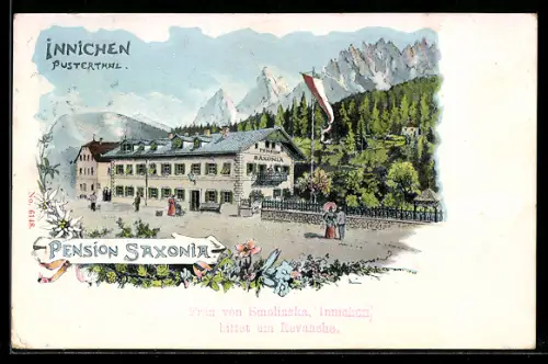 Künstler-AK Innichen /Pusterthal, Pension Saxonia mit Besuchern