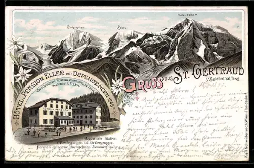 Lithographie St. Gertraud i. Suldenthal, Hotel-Pension Eller mit Dependancen